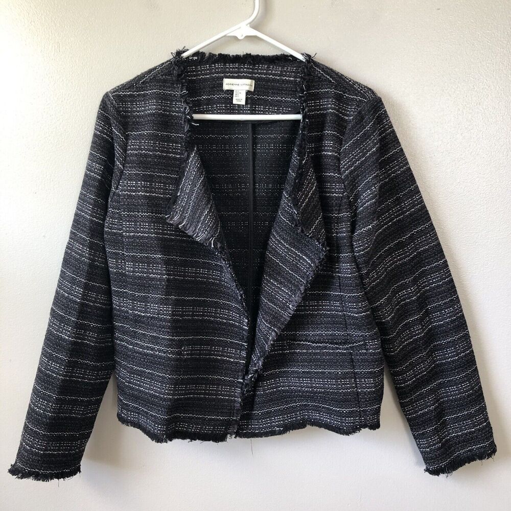 Adrienne Vittadini Open Front Knit Blazer Womens Large Tweed Fringe Trim Jacket